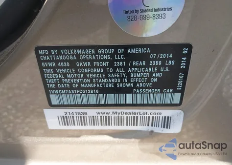 2015 Volkswagen Passat 3.6L V6 Sel Premium из США, поврежденный, VIN 1VWCM7A37FC012816